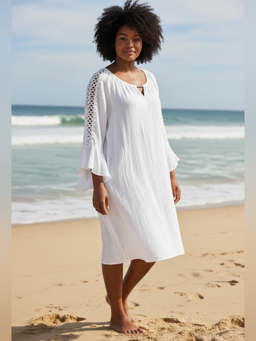 Indigo Rose White Shift Dress with Bell Sleeves and Crochet Detail NWT (Q)